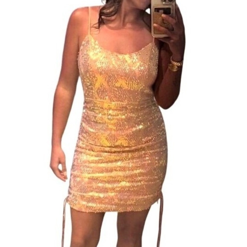 M‎ By MNK Womens Large Iridescent Peach Sequin Mini Dress Color Shifting Glam
